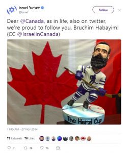 tweet by Israel account to welcome Canada to Twitter with hockey player figurine and Canada flag
